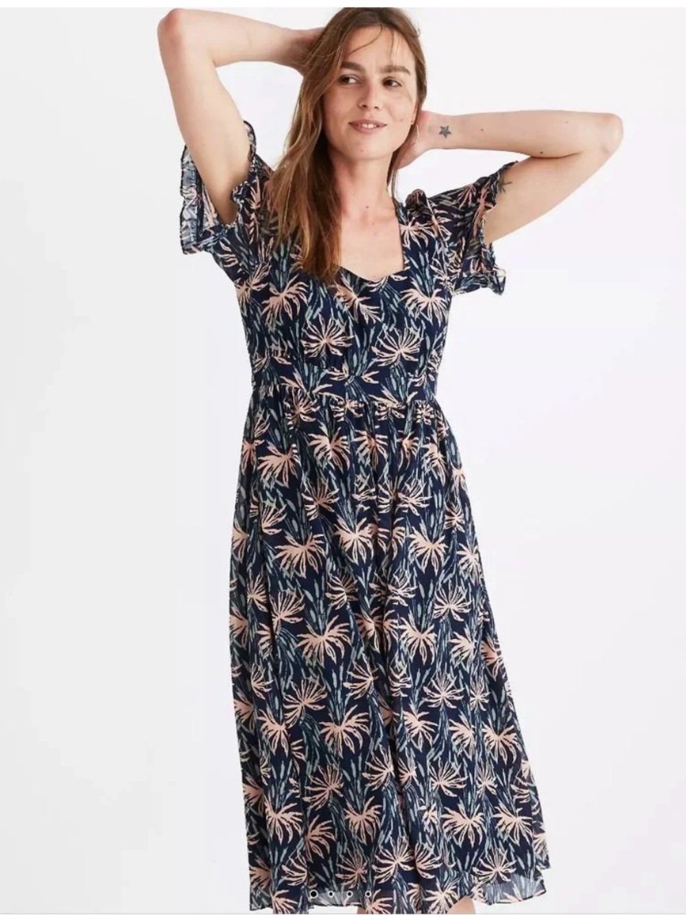 Madewell Blue Ruffle Sleeve Oasis Palm Print Midi Dress Flowy Beachy Women’s S